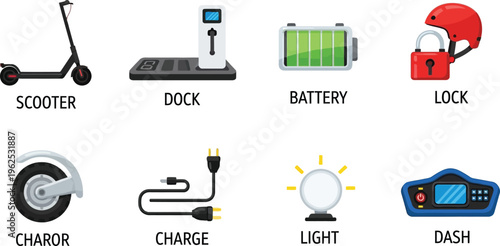 Collection of electric scooter icons including scooter dock battery lock charger light and dashboard for urban mobility and transportation concepts
