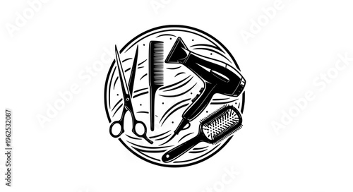 Hairstylist tools circular badge logo vector with scissors comb and dryer for beauty salon branding isolated on white