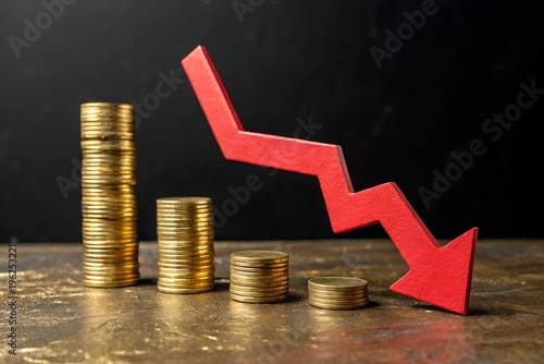 Financial Decline: A visual representation of economic downturn, with stacks of coins diminishing in size accompanied by a descending red arrow