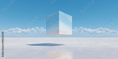 A large reflective cube floats above a vast, white desert under a clear blue sky with scattered clouds.