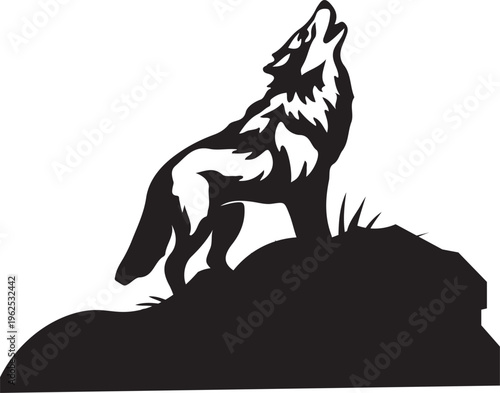 Howling Wolf Silhouette on Rock – Black Vector Wildlife Illustration