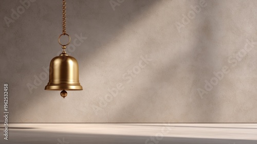 Antique gold bell hanging on chain against textured wall with soft shadow for minimalist background poster architectural decor layout
