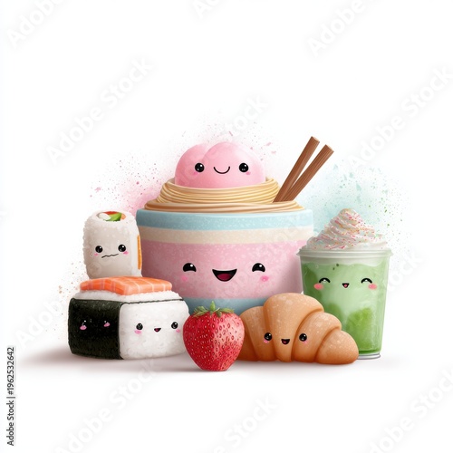 Cute Animated Food Characters Enjoying a Fun Gathering in a Bright and Colorful Setting With Smiling Faces and Vibrant Details
