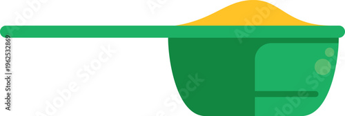 Green measuring scoop full of yellow powder isolated on white background for nutrition concept