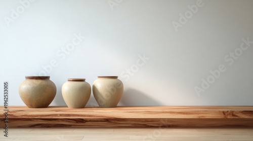 Neutral ceramic vases on wooden shelf minimal home decor composition for interior design card poster background and product mockup