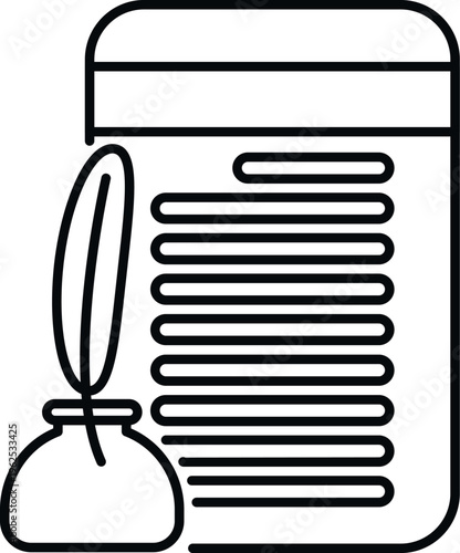 Quill pen emerging from an inkwell next to a document with text lines