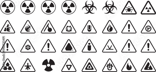 Warning signs, hazard symbols, danger icons, radiation and biohazard logos