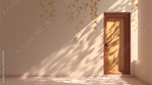 Minimal interior scene with wooden door and hanging golden leaves casting sunlight shadows for background and poster design