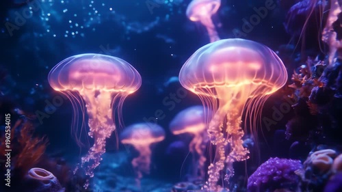 Glowing jellyfish swim in dark water surrounded by colorful coral