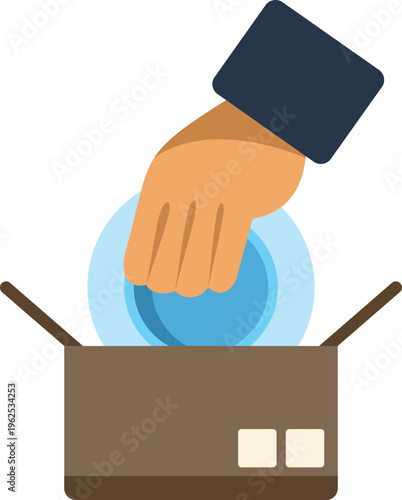 Illustration of a hand putting a blue circular object into an open cardboard box