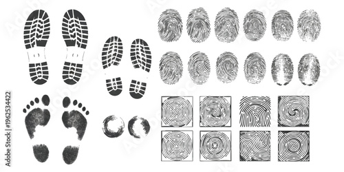 Set of isolated black ink fingerprints barefoot marks and heavy boot sole impressions