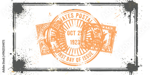 Vintage grunge orange postal stamp with cancellation marks and ink splatters on distressed background