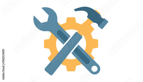 Wrench hammer and gear cog symbol for industry mechanical engineering and tools