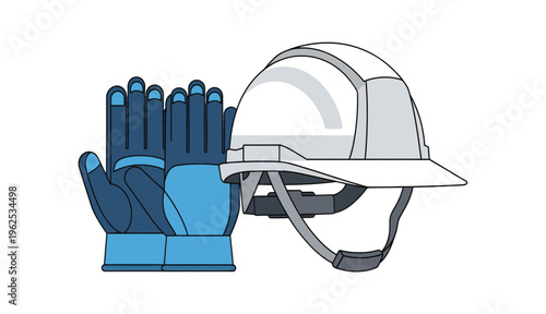 White hard hat and blue work gloves personal protective equipment for safety