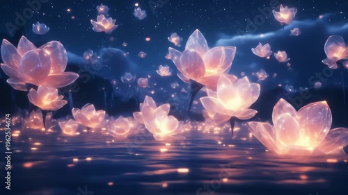 Glowing lotus flowers floating on water at night reflecting light