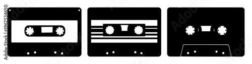Cassette tape set with retro black silhouette design featuring analog audio, music, nostalgia with vinyl and cassette
