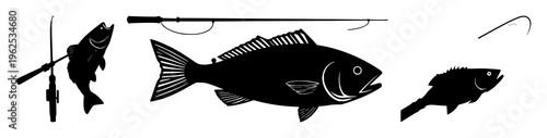 Fishing rod and fish silhouette set with minimalist black and white line art featuring fishing, silhouette, aquatic with rod and fish