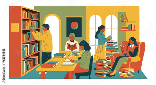 People reading and browsing books in a library setting illustration