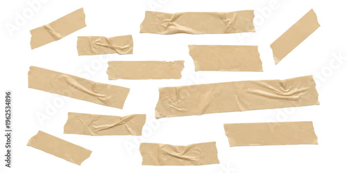 Set of realistic isolated brown adhesive masking tape strips with crumpled wrinkles and torn edges