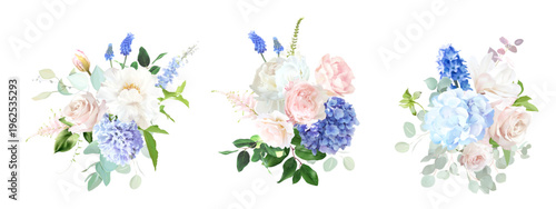 Pale roses, pink peony, hydrangea, tulips, magnolia, hyacinth, greenery and branches floral vector bouquets. Bold colored watercolor. Blooming garden. Spring florals.Elements are isolated and editable