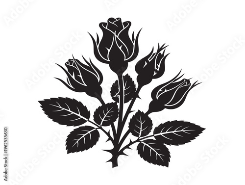 Delicate rose buds and leaves silhouette for feminine botanical artwork
