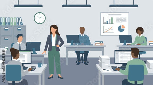 Diverse team collaborating in a modern and productive office environment