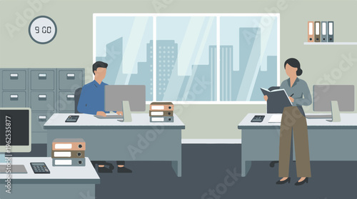Business professionals working in a modern office with city view