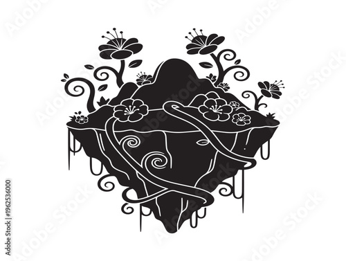 Delicate blossom island motif silhouette with floating floral elements
