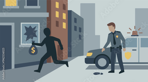 Burglar flees with money bag from broken window as police investigate