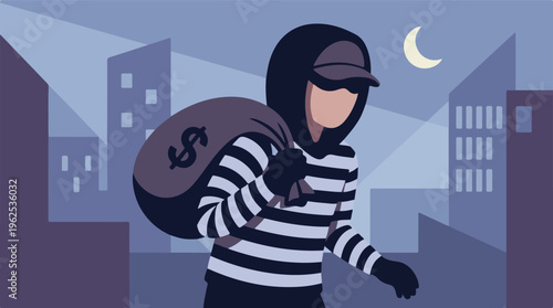 Burglar carrying a sack of money in a city at night, crime illustration