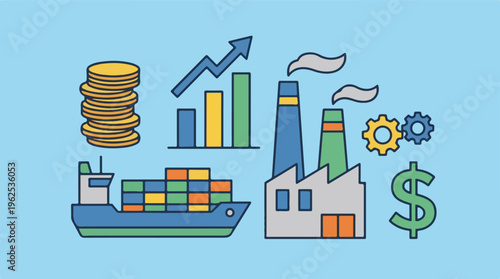 Global Economy Concept: Industry, Trade, Finance, and Business Growth Icons