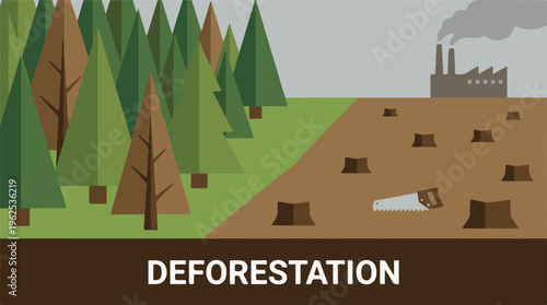 Conceptual illustration of deforestation with forest, cut trees, and factory smoke