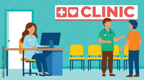 Healthcare clinic waiting room with staff, doctor, and patient interaction