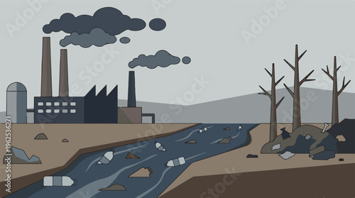 Environmental pollution with factories, smoke, contaminated river, and waste