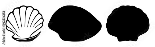 Clam shell silhouette set with single black outline form featuring marine life, beach, water, shell illustration with sea and ocean