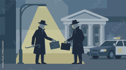 Secret meeting, two shady men exchanging briefcases near a police car at night