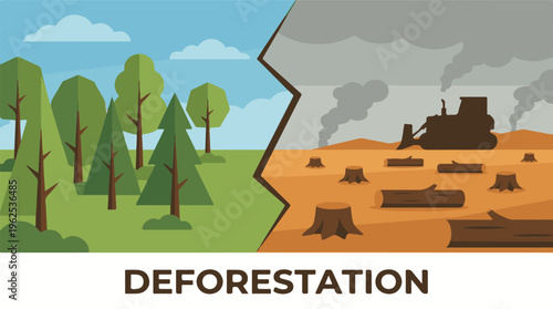 Deforestation concept showing healthy forest versus destroyed landscape with bulldozer