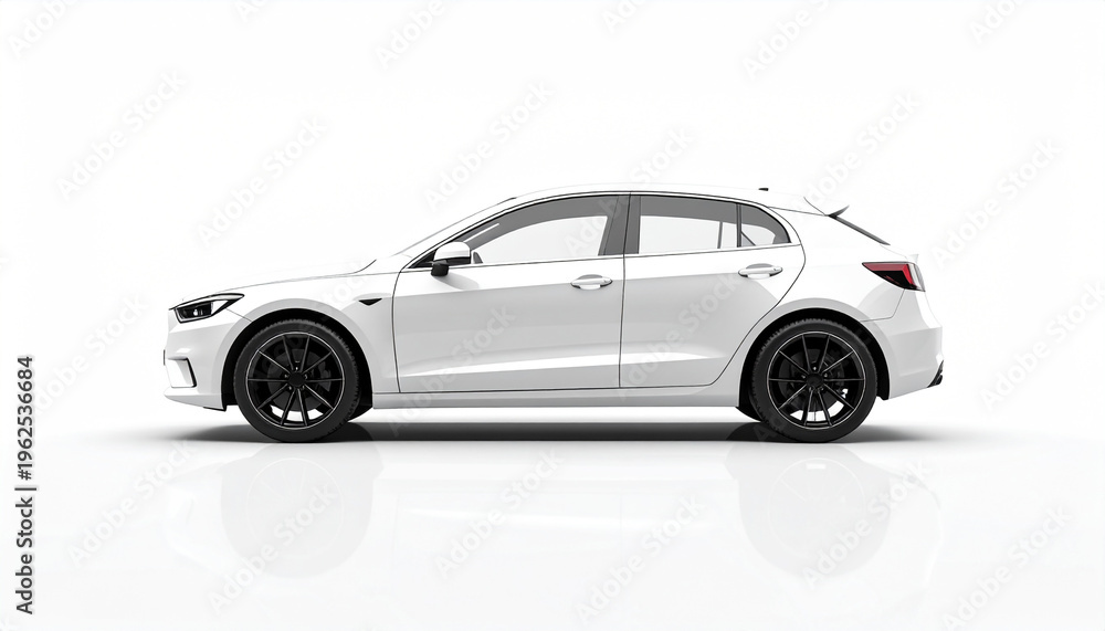 Obraz premium Modern white hatchback car with black wheels on a reflective white background