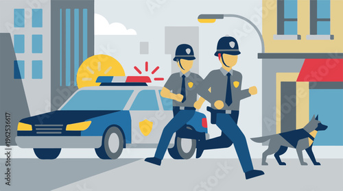 Police officers running with K9 unit and patrol car in a city