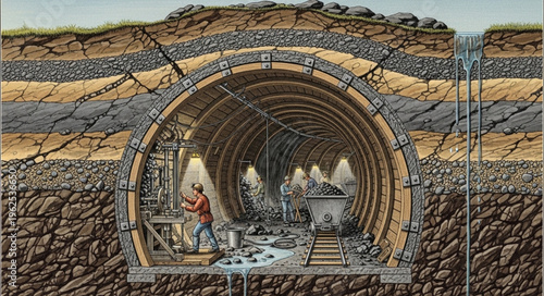 Illustration of tunnel construction with workers and support structures.