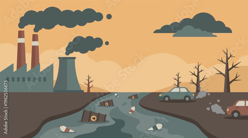 Environmental Pollution: Industrial Smoke, Water Waste, and Dead Trees