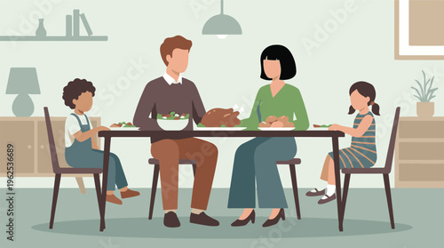 Illustration of a family enjoying a meal together at the dining table