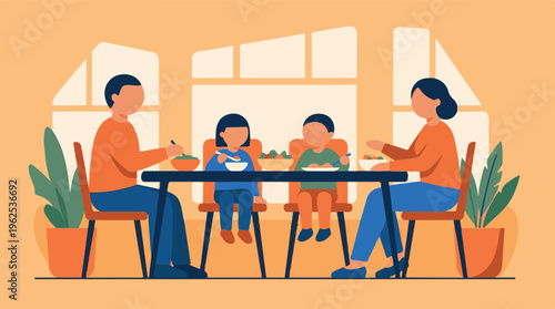 Family enjoying a healthy meal together at home, minimalist illustration