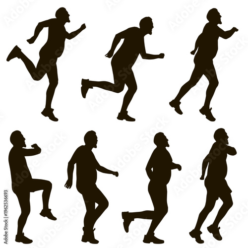 Vector silhouettes of big man doing fitness training, running, jumping, worming up. Icons of people doing sport exercises isolated on white background. Active and healthy life concept.