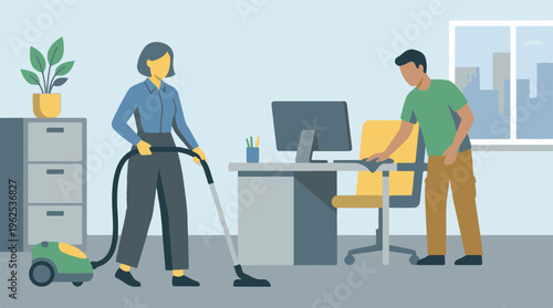 Professional cleaning staff tidying a modern office workspace