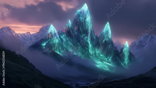 Majestic mountain peaks with glowing energy in a dramatic landscape