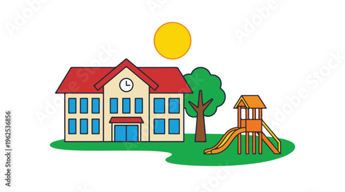 Cartoon illustration of a school building with playground, tree, and sun