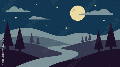 Night Nature Landscape Illustration with Moon, Stars, Trees, and River