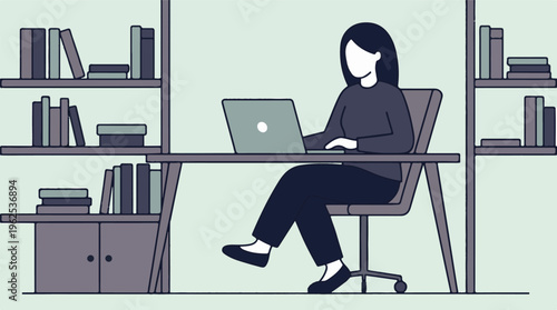 Woman working on laptop at desk in minimalist home office with bookshelves