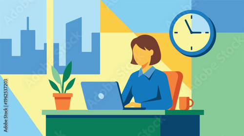 Professional woman working remotely on laptop in a stylized modern office